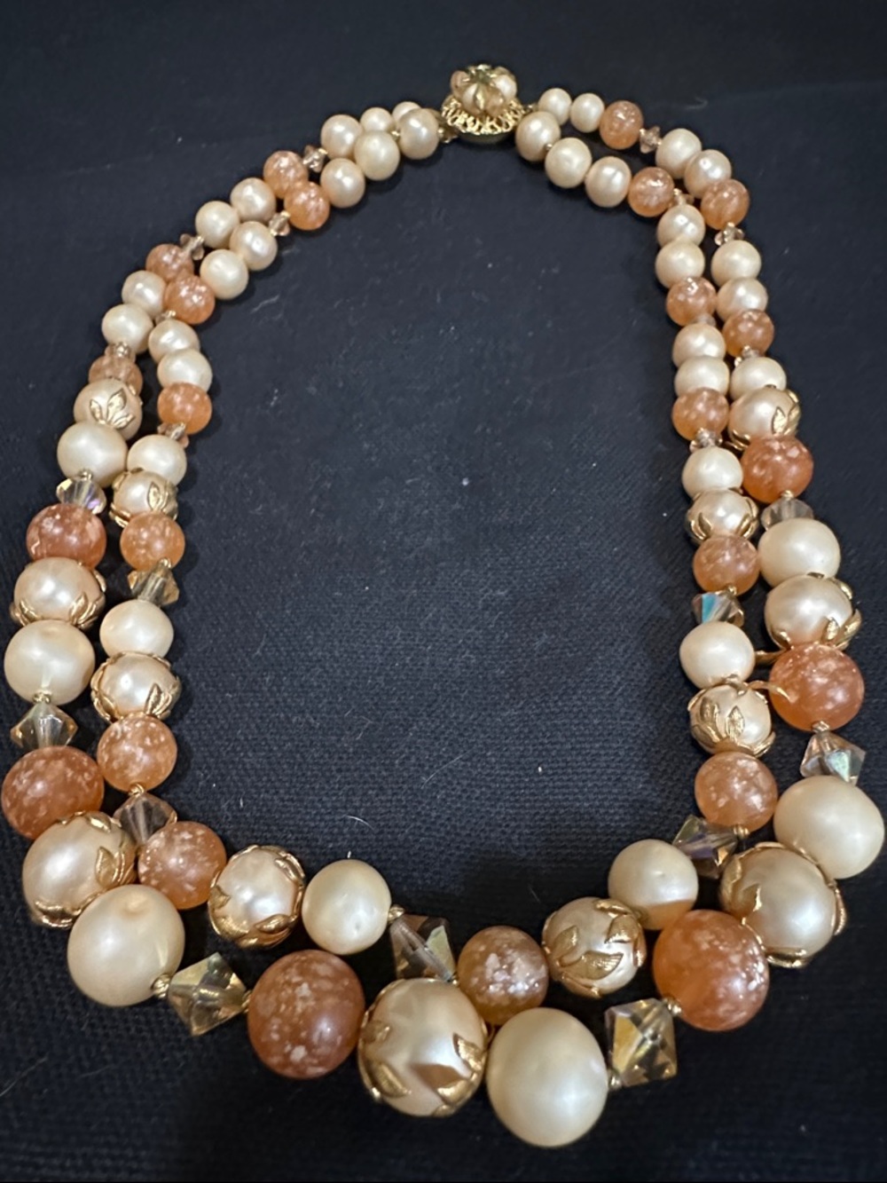 Elegant Pearl and Peach Bead Multi-Strand Necklace